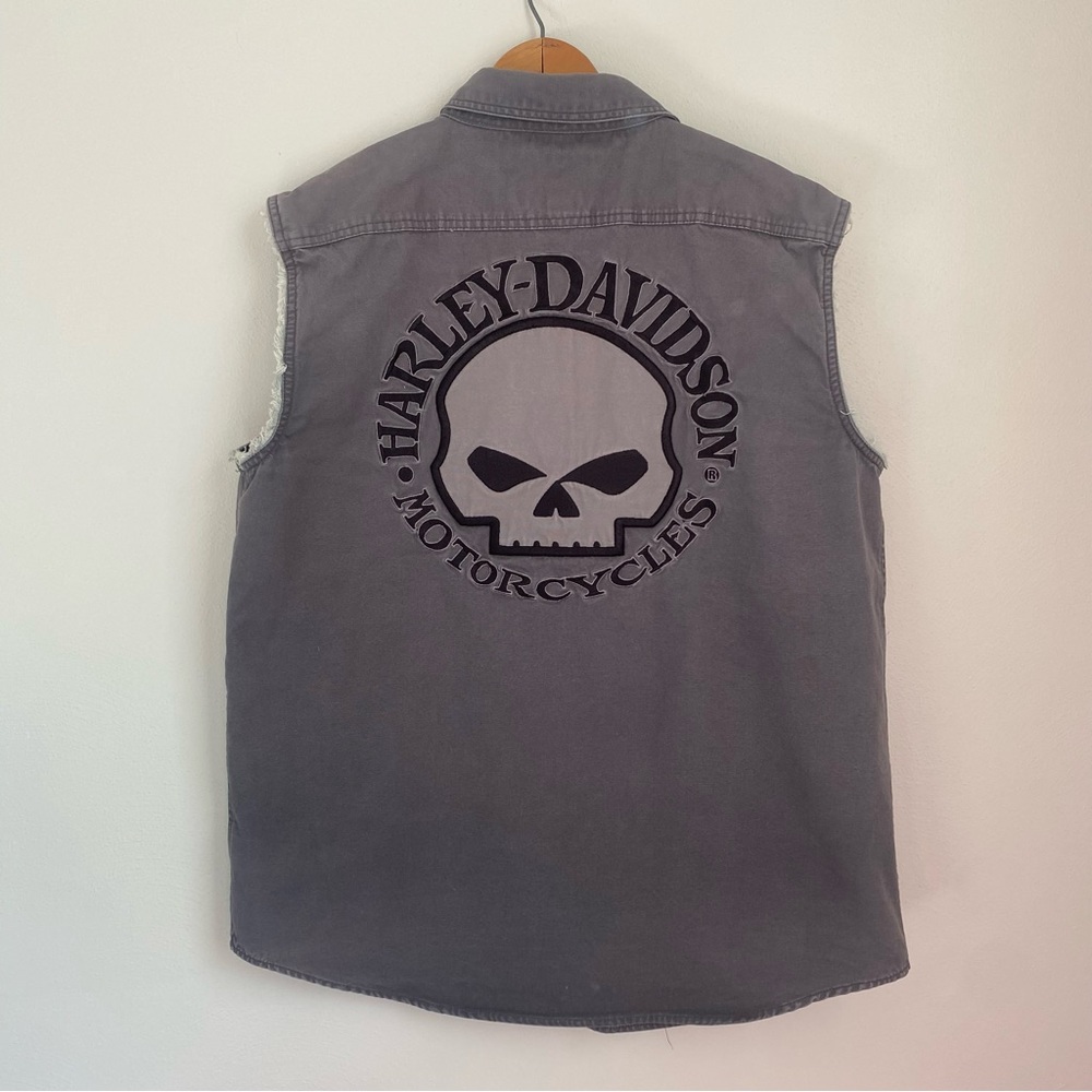 Harley Davidson Willie G Skull Logo Sleeveless Button Cotton Shirt Vest Gray L
